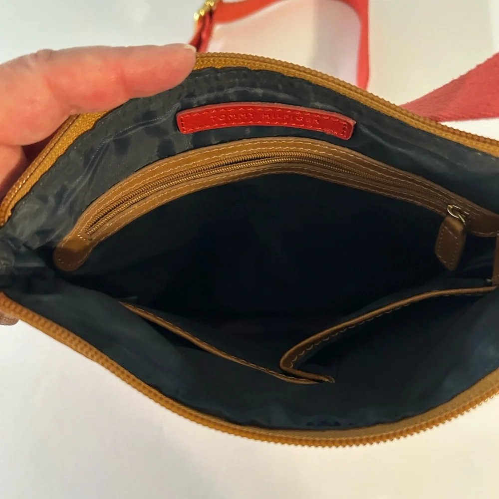Tommy Hilfiger Red and Tan Crossbody Bag w/ Classic‎ “TH” print